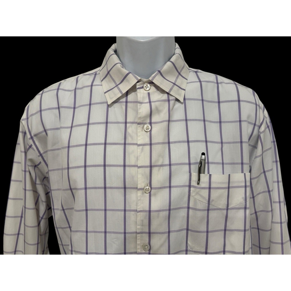 Ralph Lauren Purple Label Men Shirt L‎ XL Button Grid White Violet Notched Italy